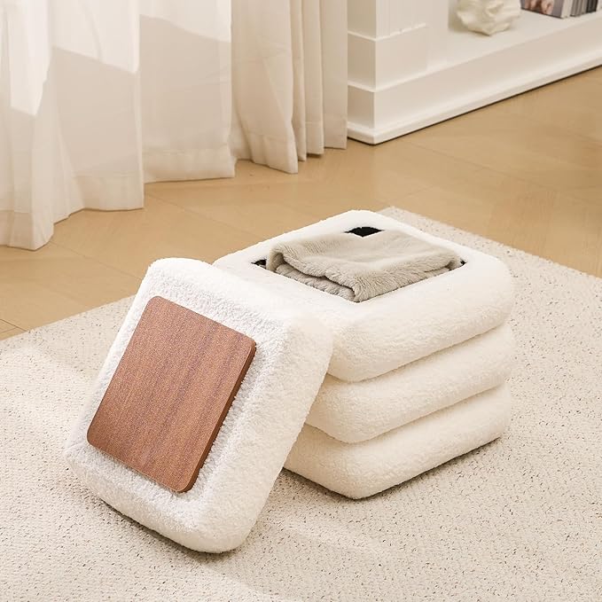 Wimarsbon Round Storage Ottoman, Modern Sherpa Footstool, Teddy Vanity Stool with Flip-Top Tray, Makeup Chair for Home Decor, Upholstered Footrest for Living Room & Bedroom (16inch Square)