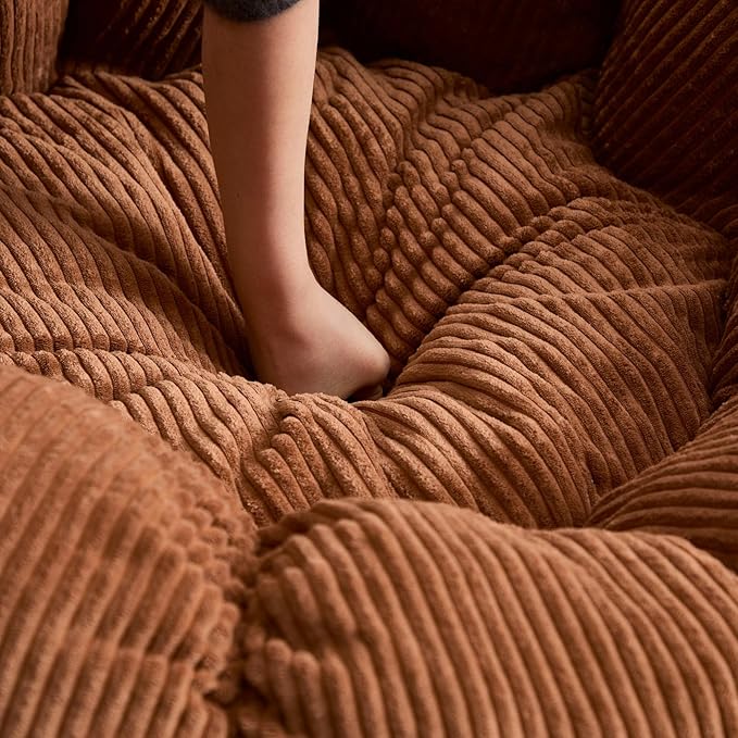 LukeAlon Corduroy Bean Bag Chair with Filler & Petal Armrest - Fluffy Floor Sofa Chair for Adults, 44"×44"×26" - Cozy Seating for Bedroom, Living Room, Game Room (Brown)