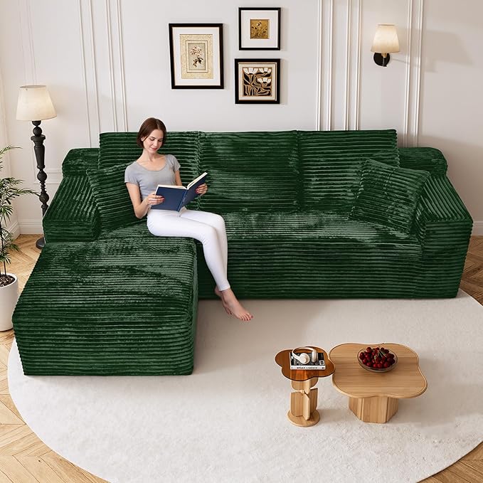 108" Boneless Cloud Sectional Couches for Living Room, Comfy Fluffy L Shaped Memory Foam Deep Seat Boneless Couch, Modular Sectional Sofa with Left Facing Chaise, Green