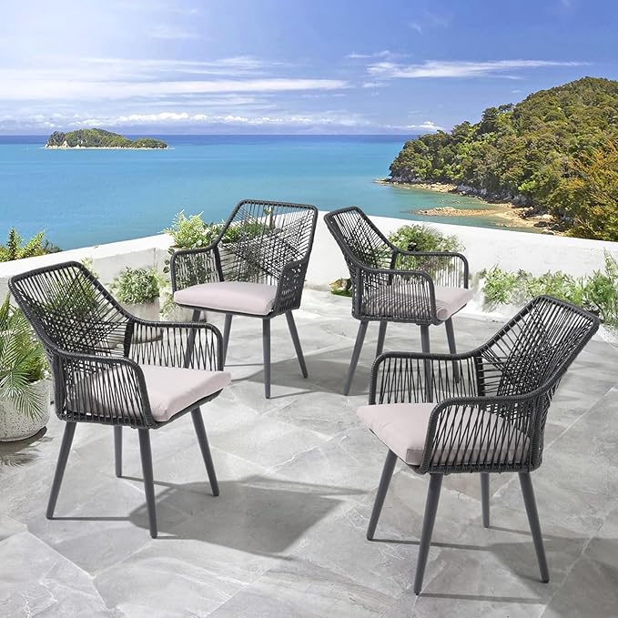 Patiorama Patio Dining Chair Set of 6, Woven Rope Outdoor Dining Chairs w/Steel Frame, All-Weather Twisted Rattan Chairs w/Armrest & Cushion, Outdoor Dining Wicker Chairs for Backyard Garden(Black)