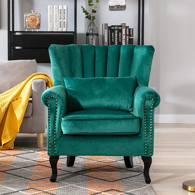 DM Furniture Velvet Accent Chairs Set of 2 with Arm Comfy Living Room Chair Mid-Century Modern Wingback Side Chair Single Sofa Couch for Bedroom Guest Room, Green