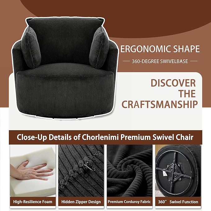 Chorlenimi Swivel Accent Chair Round Barrel Armchair Upholstered Living Room Chair Corduroy Reading Chair Single Sofa Chair for Bedroom Apartment Office (Black, Standard 1Seater)