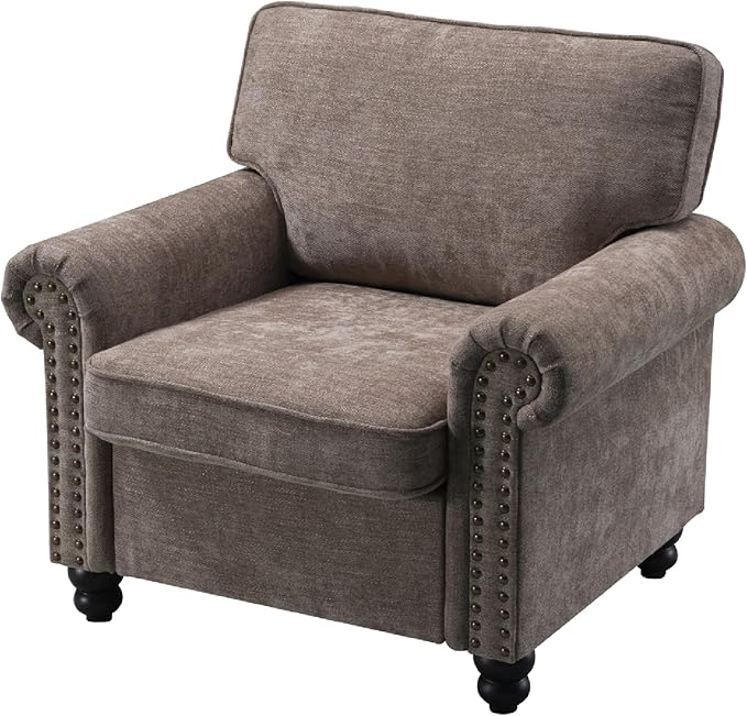 Nailhead Armchair, Rolled Arms Accent Chair for Living Room, Single Sofa Chair with Springs Seat Cushion & Wooden Legs, Mid-Century Armchair for Apartment, Office, Farmhouse, Light Brown