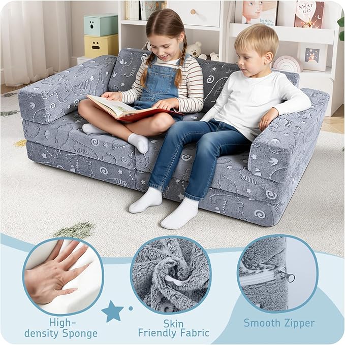 MeMoreCool 10-Piece Kids Play Couch – Modular Foam Sofa Set for Playroom, Fold-Out Convertible Toddler Furniture | Glow-in-The-Dark Dino Design, Washable Covers, Imaginative Play for Boys & Girls