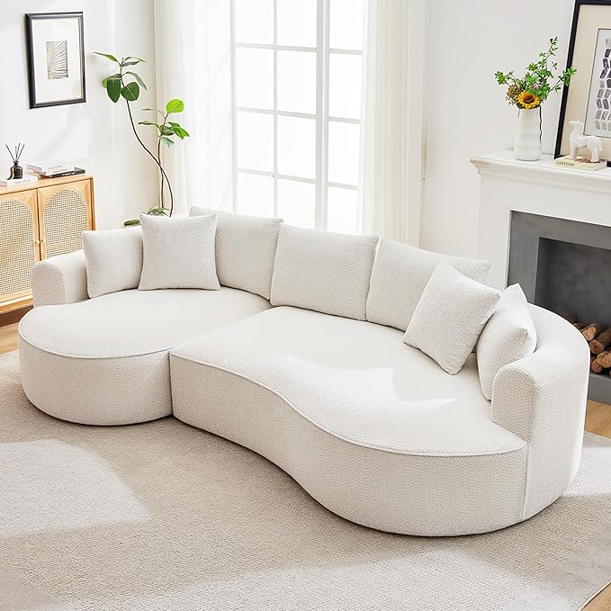 Opiesit 124" Oversized Boneless Couches for Living Room, Sectional Curved Sofa with 7 Pillows, L-Shape Boneless Couch with Deep Seat, High-Density Memory Foam, No Assembly Required, Chenille (White)