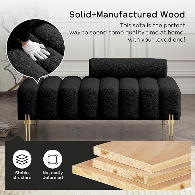 NIOIIKIT 53.2" Modern Loveseat Sofa Couch, Upholstered Accent Sofa with Golden Legs and Adjustable Backrest, Small Teddy Fleece Couches for Bedroom, Living Room, Compact Small Space (Black)