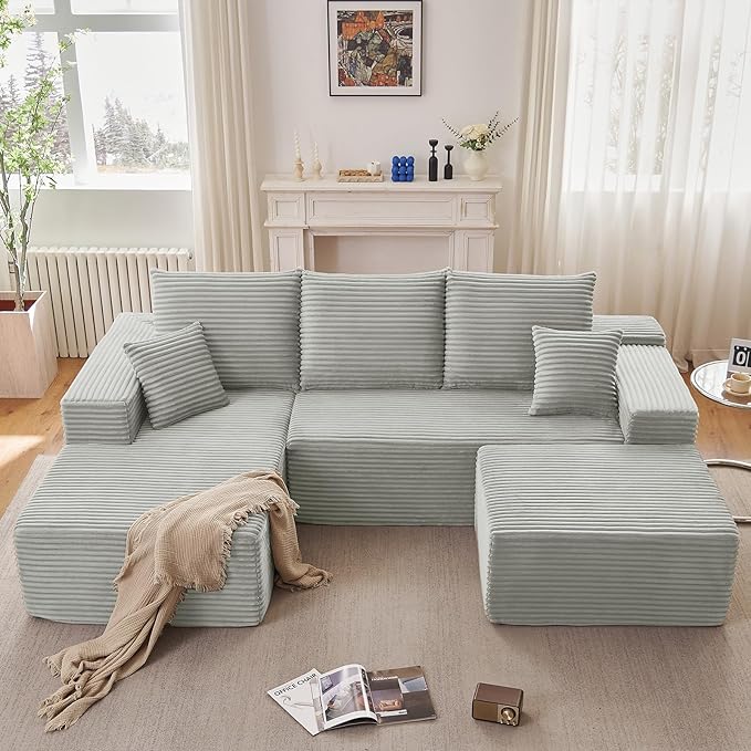 107" W Cloud Sectional Couch with Ottoman,Modern U-Shaped Cloud Couch with Deep Seat,Comfy Corduroy 3-Seater Sofa,Memory Foam Sofa for Living Room,No Assembly (Grey,Left-Facing Chaise)