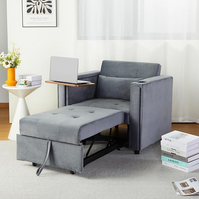 ORRD Convertible Chair Bed, 3-in-1 Multi-Functional Velvet Sleeper Sofa Pull-Out Couch Chair Bed with Adjustable Backrest and Hidden Side Table for Living Room, Small Space, Apartment (Grey)