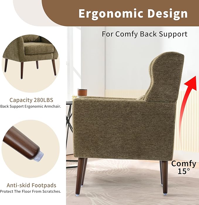 CHSICFOR Modern Accent Chair, Upholstered Arm Chair with Waist Pillow, Single Sofa Chair for Living Room Bedroom Small Spaces (Olive)