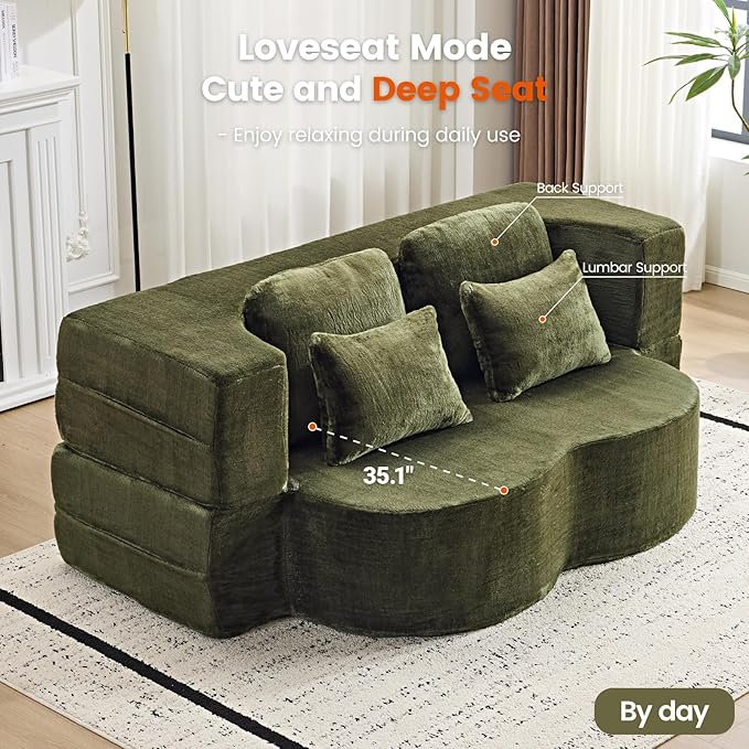 Orynveela Convertible Folding Sofa Bed, 78” Full Size Floor Sleeper Couch, Chenille Full Foam Futon Loveseat for Living Room Bedroom, No Assembly Required (Green)