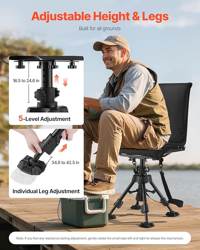 VEVOR Hunting Chair, 360° Silent Swivel, Foldable Portable Blind Chair, Heavy-Duty Steel Frame Ground Stool Seat,with Seat Cover, Anti-Sink Feet, Height Adjustable, 350 Lbs Capacity, for Fishing