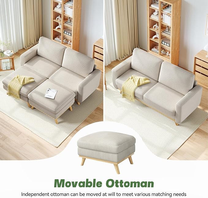 Vesgantti 68" Loveseat Sofa with Movable Ottoman, Comfy Corduroy Couch with Spring Cushion, Sofa Couch with Solid Wood, Modern Office Sofa with Deep Seat for Living Room and Bedroom, Light Gray