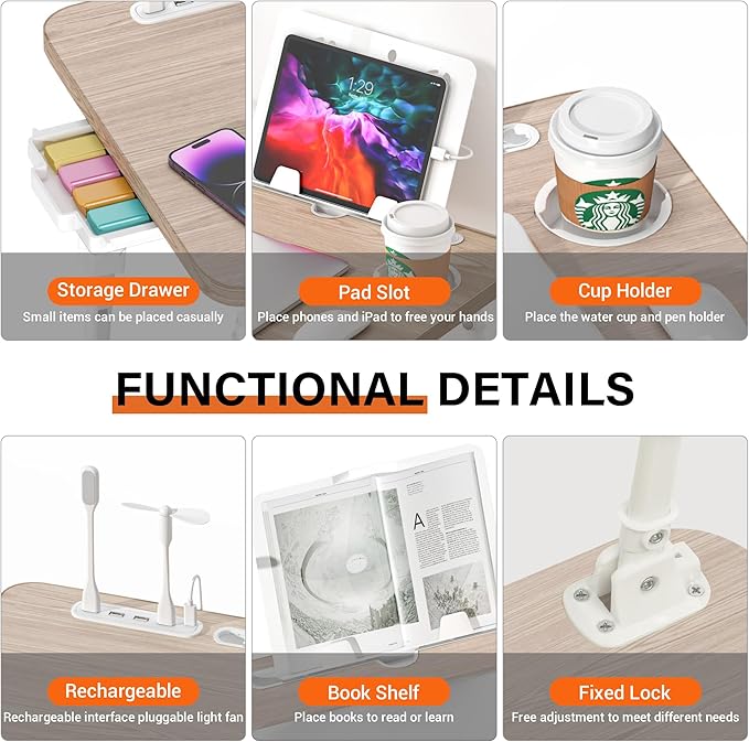 DECOSIS Laptop Desk for Bed Height Adjustable, Lap Bed Table with USB/Storage Drawer/Cup Holder/Tablet Stand/Book Shelf, Foldable Breakfast Tray Portable for Reading Writing, Sofa & Floor, Glacier