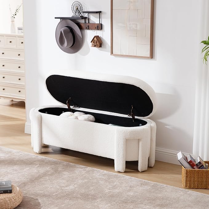 DM Furniture Modern Sherpa Storage Ottoman Bench for Bedroom 47.25 in Comfy Boucle Upholstered Entryway Bench with Storage for End of Bed/Living Room/Lounge/Window Corner, White