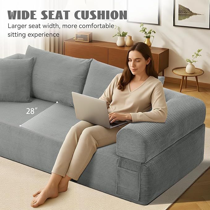 83" Sofa in a Box, 3 Seater Couch No Assembly Boneless Sofa Bed with Cushion Back 2 Pillows Deep Seat Corduroy Fabric Side Storage Pockets for Living Room, Bedroom, Apartment, Office, Light Grey