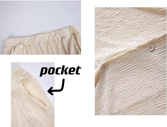 Ekaliy Women's 2 Piece Casual Pleated Outfits Short Sleeve Button Down Shirt High Waist Wide Leg Trouser Sets Suit
