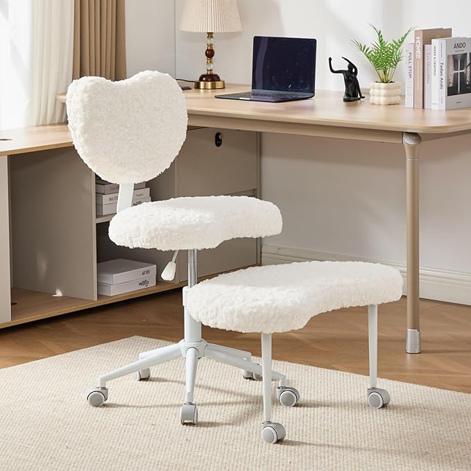 Meditation Chair with Lumbar Support,360° Swivel Cross Legged Chair with Wheels, Ergonomic Cross Legged Office Chair for Adults with ADHD, Height-Adjustable Yoga Chair, Faux Fur, Beige