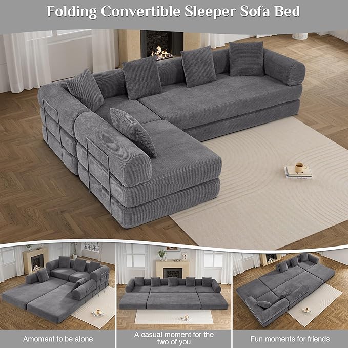 DAMAIFROM 157" Convertible Sleeper Sofa Bed Set with Pillow, 4-in-1 Corduroy Folding Mattress Boneless Couch with Fixed-Shape Frame, Fold Out Floor Sofa Cama Lounge Couch for Living Room, Grey