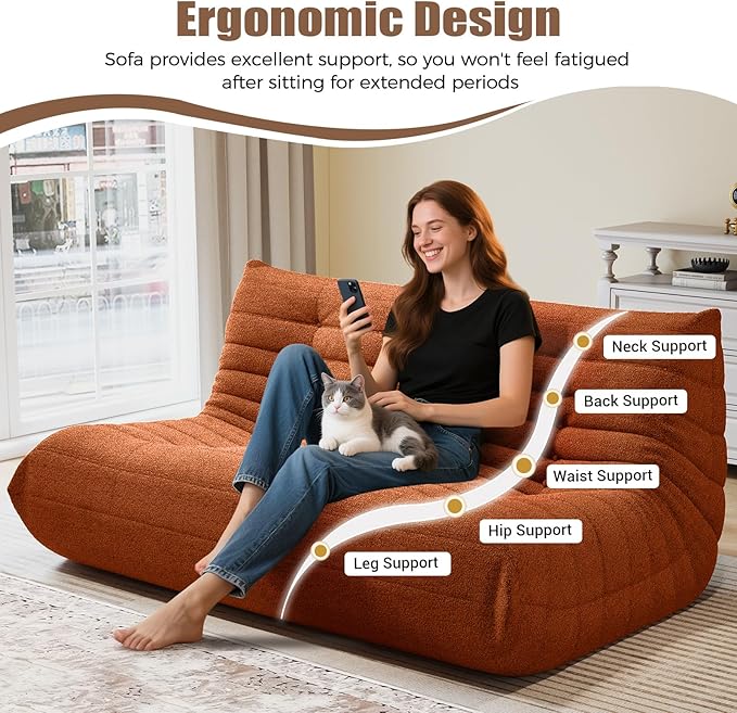 Selyteramy 3 Seat Oversized Bean Bag Chairs for Adults, Memory Foam Fireside Beanbag Couch, Comfy Bean Bag Lounger Lazy Sofa for Living Room, Bedroom, Playroom, Orange