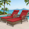 WINGTU Outdoor Chaise Lounge Chair Set of 2, PE Wicker Recliner Patio Reclining Sunbathing Chair with Cushion, 6-Position Patio Lounge Chair with Adjustable High Backrest, Armrest & Pillow, Red