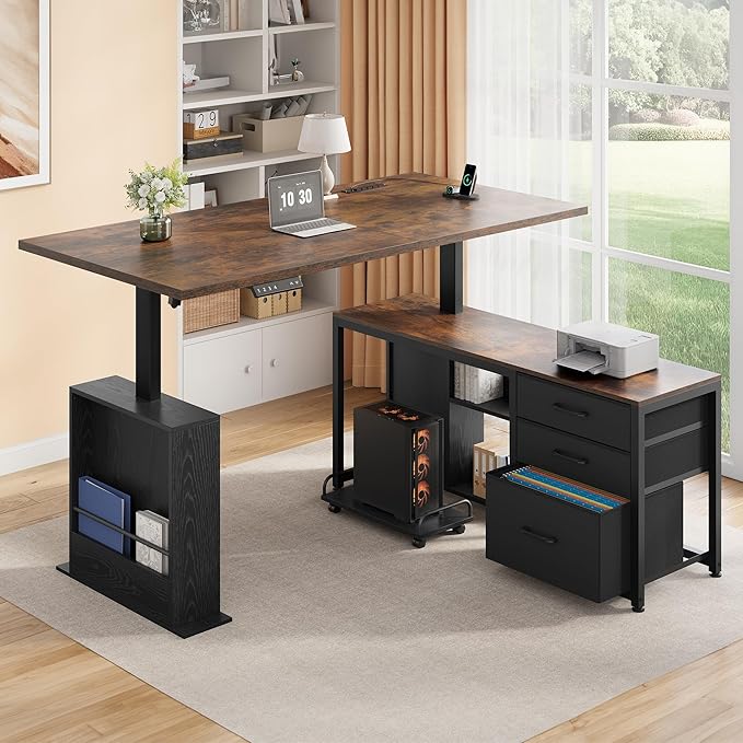 63" L Shaped Standing Desk with 3 Drawers Electric Adjustable Height Desk Corner Standing Desk with Storage Computer Game Desk with Power Outlets Computer Tower Stand for Home Office, Brown
