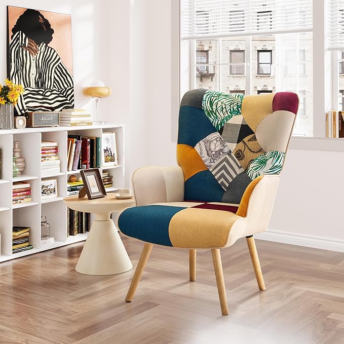 Accent Chair, Living Room Chair, Modern High Back Armchair, Colorful Patchwork Reading Chairs for Bedroom, Lounge Chair with Linen Fabric Shell and Solid Wood Feets (1, Colorful)