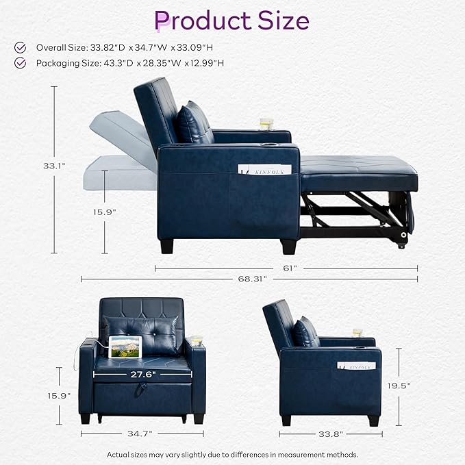 TYBOATLE Leather Convertible Sleeper Chair Bed for Adults, 3-in-1 Pull Out Sofa Chair Bed with USB/Type-C Ports, Cup Holders, Side Pockets, Single Sofa for Living Room, Bedroom, Office (Blue)
