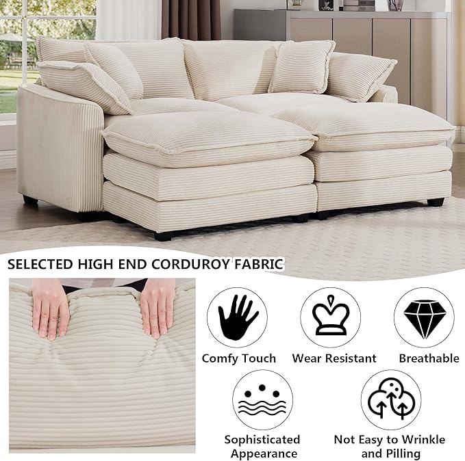 Aoowow Oversized Loveseat Couch with Ottomans,Modern Corduroy 2 Seater Cloud Couches for Living Room,Modular Sectional Cloud Sofas Deep Seat,Double Lounger Sleeper Sofa
