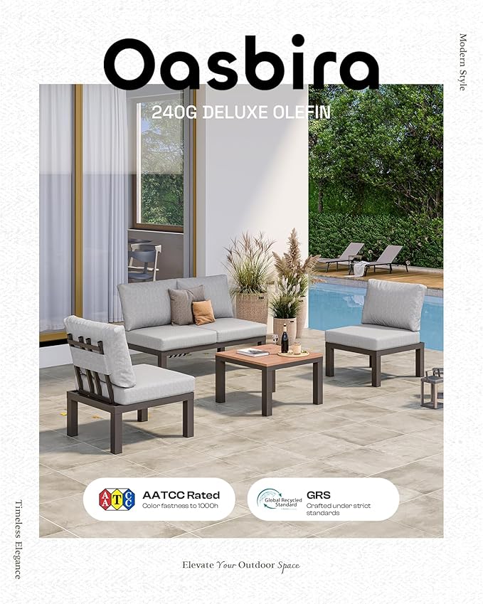 Oasbira Aluminum Modular Outdoor Patio Furniture Set, 8 Seats Sectional Sofa Set with Adjustable Backrest & Thick Cushions, All-Weather L-Shaped Corner Set with Table for Garden & Yard, Gray