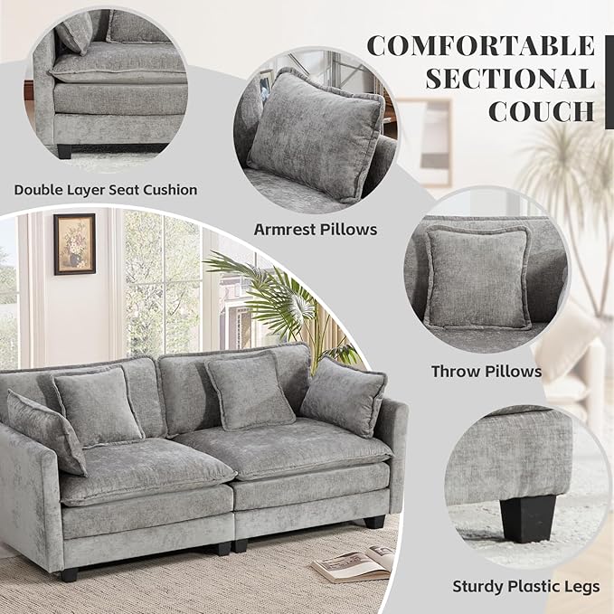 SoarFlash 77.95" Chenille Sectional Sofa, Comfy Modular Loveseat Sofa, Modern 2-Seat Couch Deep Seat Sofa Set for Living Room,Grey
