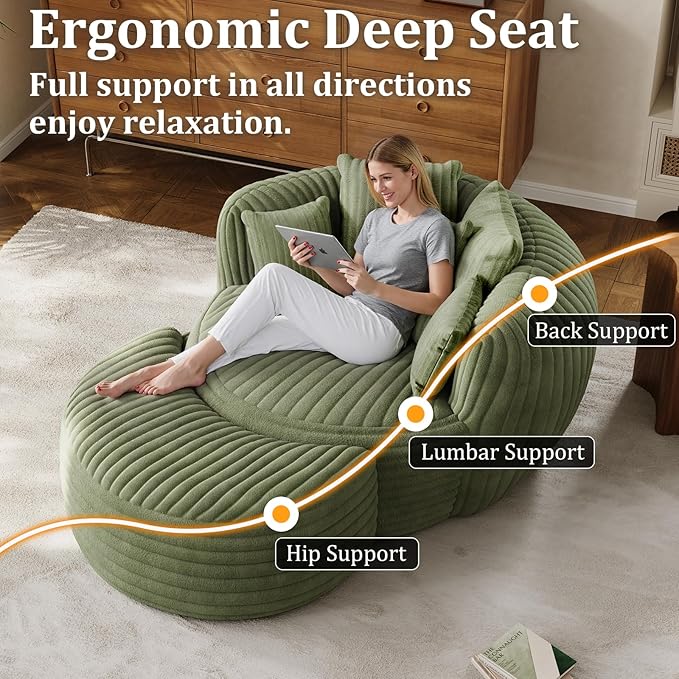 50" W Oversized Round Chaise Lounge Chair with Ottoman Indoor Boneless Plush Fluffy Corduroy Circle Couch Soft Comfy Cozy Cloud Reading Chair for Living Room, Playroom, Bedroom - Green