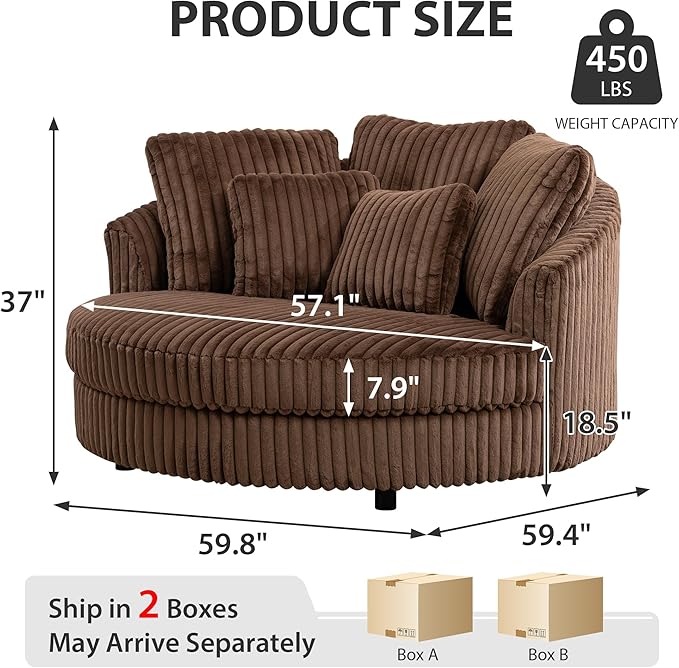 Chifee & Vingol 59.8" W Oversized Accent Round Chair Large Barrel Chair with Wheels & 5 Pillows, Faux Fur Fabric - Brown