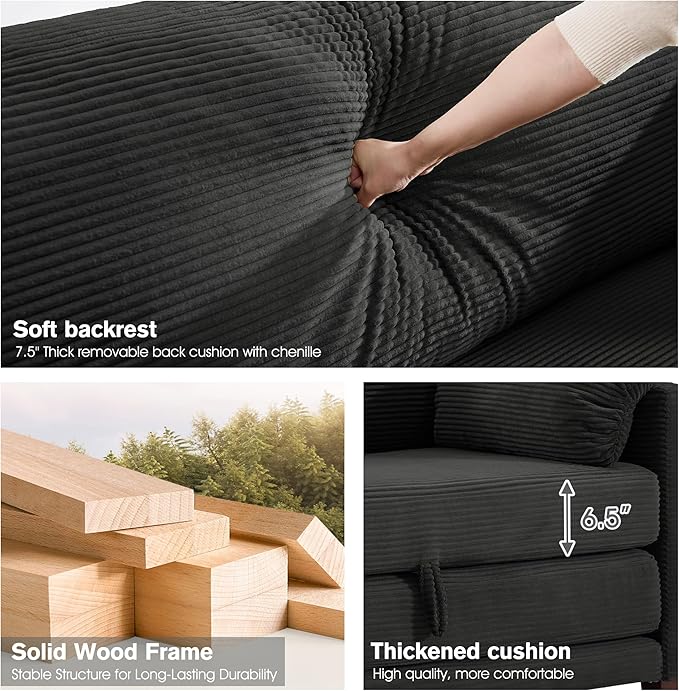 kakuboohi 51" Loveseat Sleeper Sofa Bed, Corduroy Convertible Floor Sofa Bed for Small Spaces, Folding Couch Bed with Deep Seat, 2 Pillows & Solid Frame, Pull Out Floor Couch for Living Room, Black