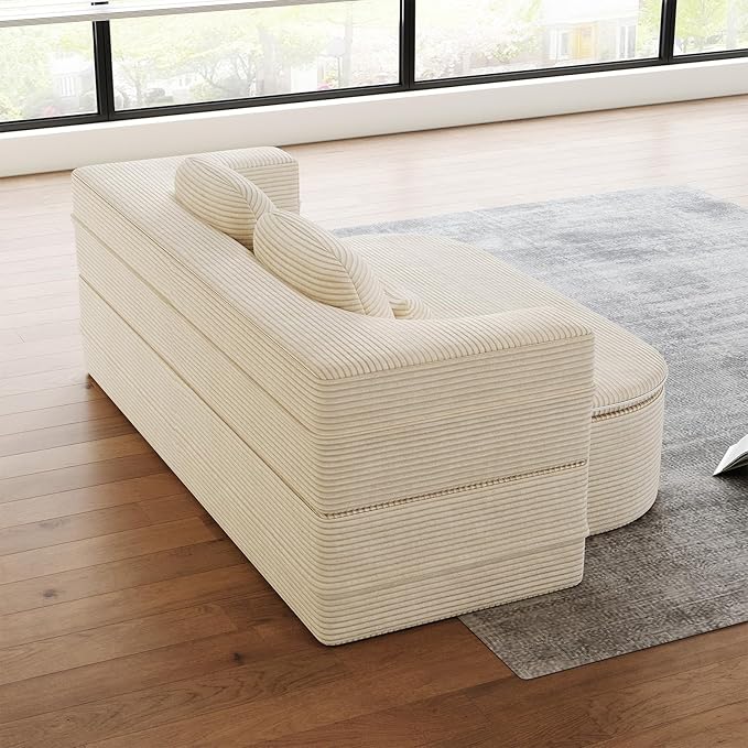 Antetek Convertible Sleeper Sofa, Modern Folding Futon Corduroy Floor Foam Compression Loveseat Sofa Bed Couch, Foldable Full Size Guest Bed with 4 Pillows for Living Room Bedroom Apartment, Beige