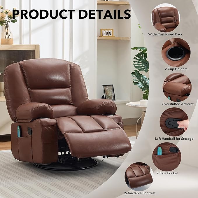 Rocker Recliner Chairs for Adults w/Vibration Massage and Heating,360° Swivel Rocker Glider Recliner,Extra Wide Manual Lazy Chair,PU Leather Overstuffed Soft Sofa Chair for Living Room,Bedroom,Brown