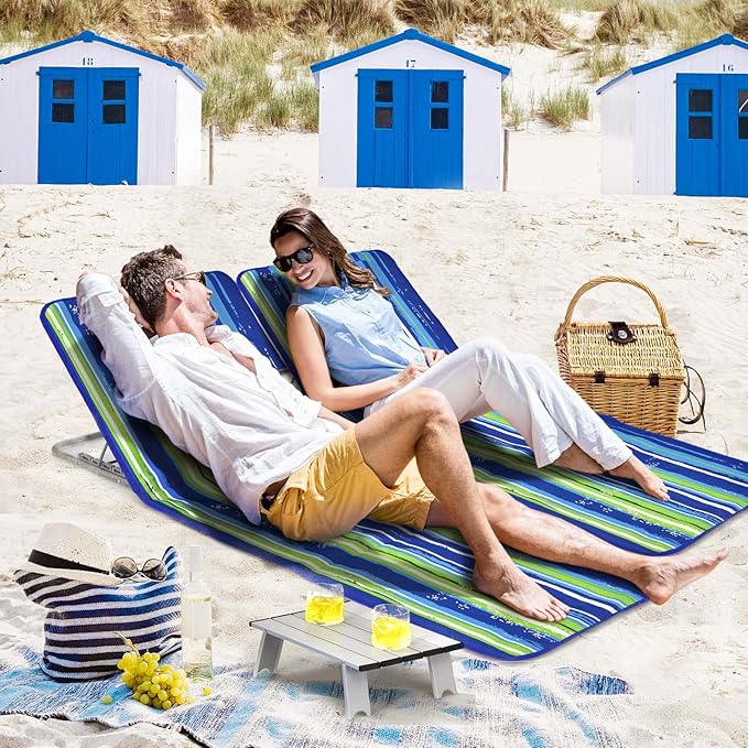 Nightcore 3-Piece Beach Chairs Set for Adults, Adjustable Lawn Chair with Side Table for Outdoor Relaxing & Sun Tanning, Portable & Folding Recline Chaise Lounge for Beach, Patio, Camping (Stripe)
