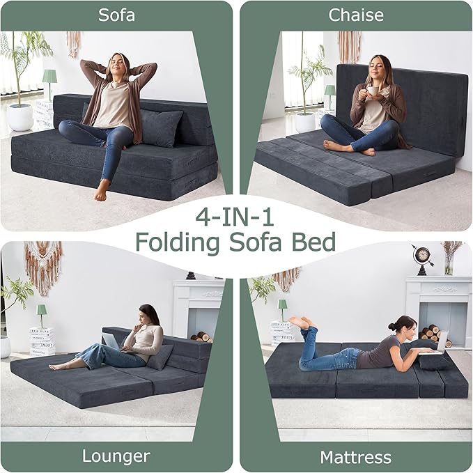 HILERO Folding Sofa Bed, 4 in 1 Convertible Sleeper Chair with Pillow, Queen Memory Foam Fold Out Chair Bed, Modern Floor Futon Sofa Couch Mattress for Living Room/Guest/Apartment, Dark Grey