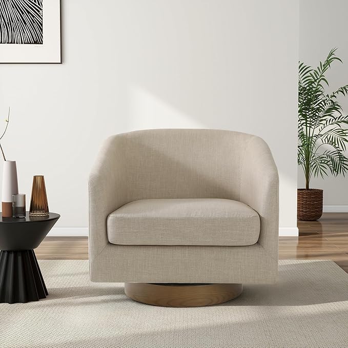 Swivel Barrel Chair, Modern Round PU Leather Accent Armchair for Living Room, Bedroom, Oversized Comfy Club Reading Chairs for Adults (Fabric Light Brown, Set of 2)