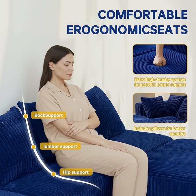 130" Boneless Couch, Cloud Couch Sectional, Corduroy Sofa for Living Room, U Shaped Modular Sofa with Chaise, No Assembly, 4 Seats Oversized (Blue)