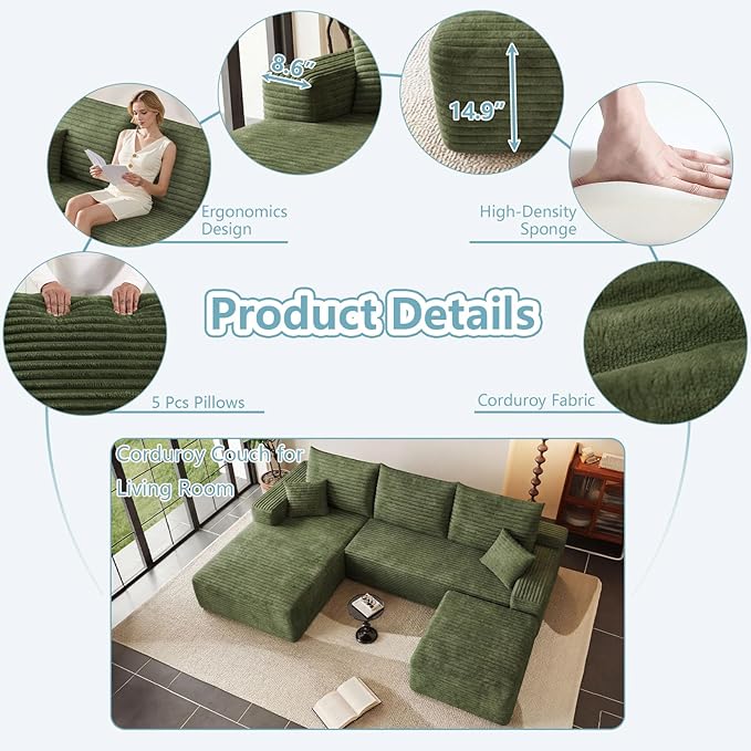 95" Cloud Sectional Couch with Ottoman,Modern U-Shaped Cloud Couch with Deep Seat,Comfy Corduroy 3-Seater Sofa,Memory Foam Sofa for Living Room,No Assembly (Green,Left-Facing Chaise)
