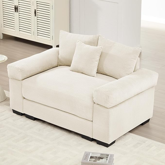 KEIKI 54" Oversized Corduroy Modular Sectional Single Sofa with High-Density Foam Cushions, Extra-Thick Armrests, Upholstered Modern 1-Seater Lounge Accent Chair with 3 Pillow, for Living Room, Beige