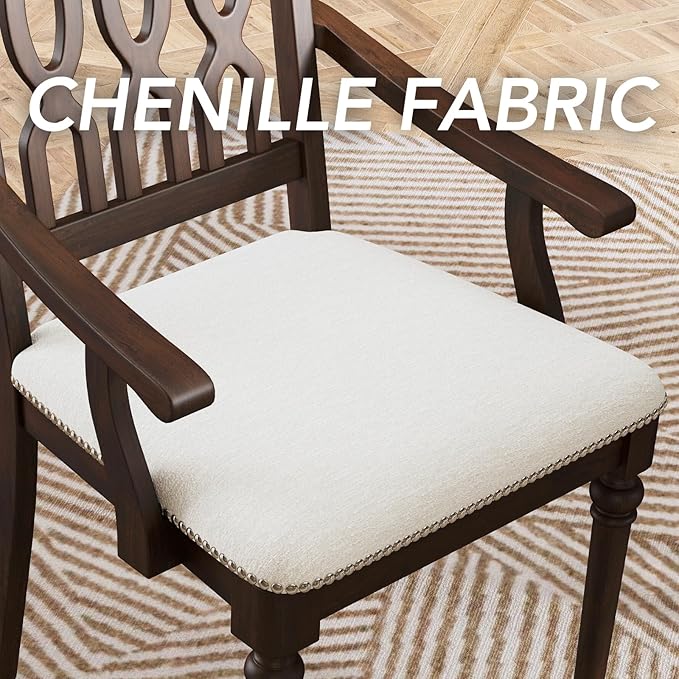chairus Farmhouse Dining Chairs Set of 4, French Country Vintage Wooden Dining Room Chairs with Arm, Lattice Back & Turned Legs, Rustic Chenille Upholstered Nailhead Trim Kitchen Chairs, Walnut Brown