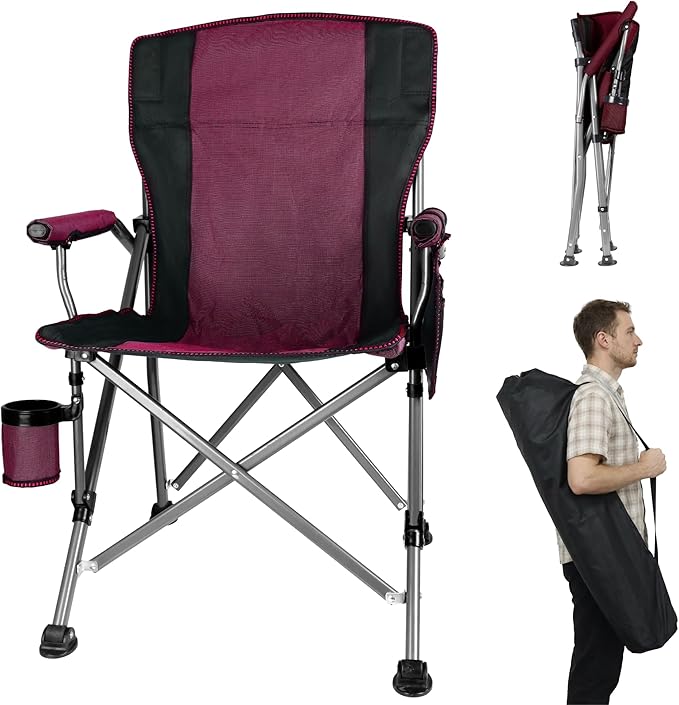 Folding Camping Chair with Cup Holder and Storage Bag, Heavy Duty Support 400 LBS, Oversized Collapsible Portable Camping Chair for Outdoor Camp, Picnic, Travel, Fishing Rose Red
