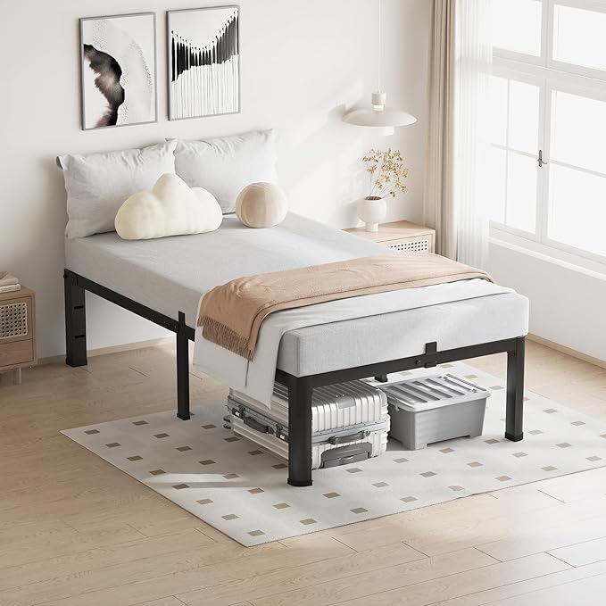 VIPSHOW 14 Inch Twin Size Bed Frame, 3500Lbs Heavy Duty Metal Platform with Round Corner Legs Mattress Slide Stopper, Steel Slat Support No Box Spring Needed, Noise Free, Non-Slip, Easy Assembly
