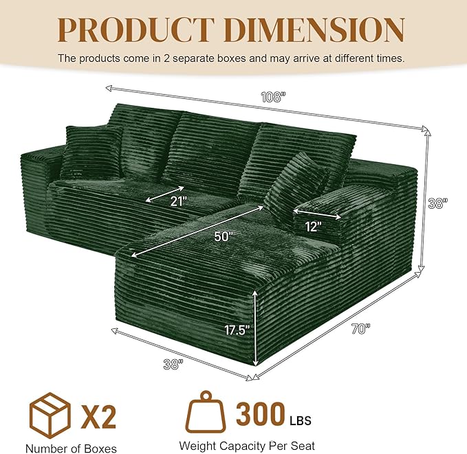 108" Boneless Cloud Sectional Couches for Living Room, Fluffy Comfy Soft L Shaped Memory Deep Seat Foam Boneless Couch, Modular Sectional Sofas with Right Facing Chaise, Green