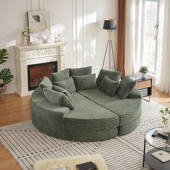 78-inch Oversized Round Chaise Lounge Chair Indoor, Convertible Folding Sofa Bed w/ 10 Pillows, Fluffy Corduroy Boneless Compressed Memory Foam Couch for Living Room, Bedroom (Green, Left & Right)
