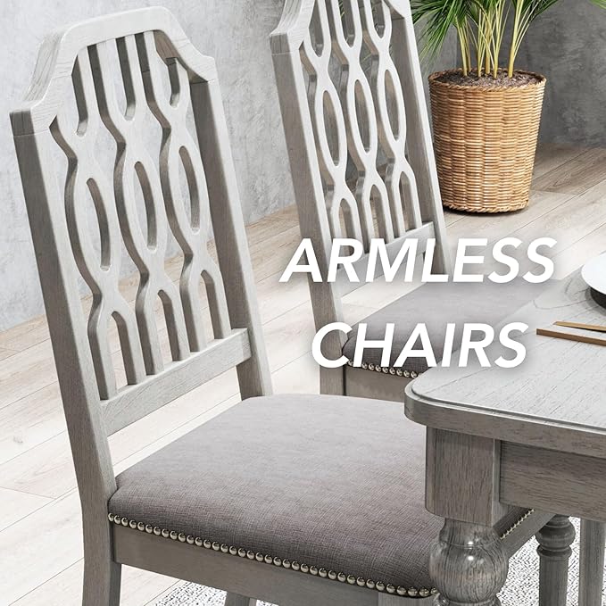 chairus Farmhouse Dining Chairs Set of 4, French Country Wooden Dining Room Chairs with Lattice Back & Nailhead Trim, Upholstered Linen Fabric Kitchen Side Chairs, Grey