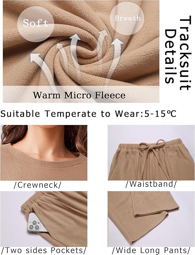 Ekouaer Womens Tracksuits 2 Piece Long Sleeve Outfits Micro Fleece Sweatsuit Sets Wide Leg Sweatpants