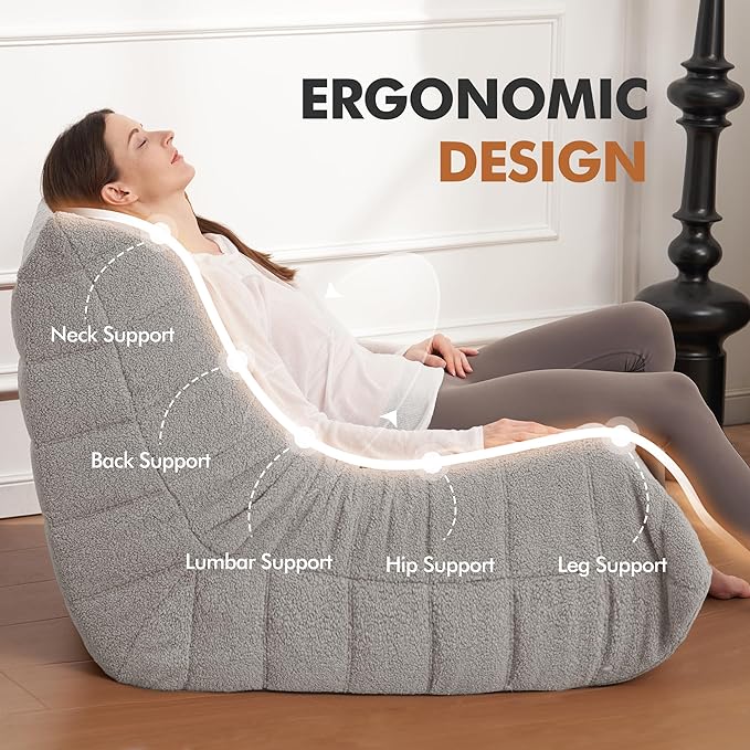 Bean Bag Chair Big Sofa Beanbag Chair for Adults Fireside Chair Bean Bag Lounger with Memory Foam Filled for Home,Apartment or Gaming Venue(Lightgrey Teddy)