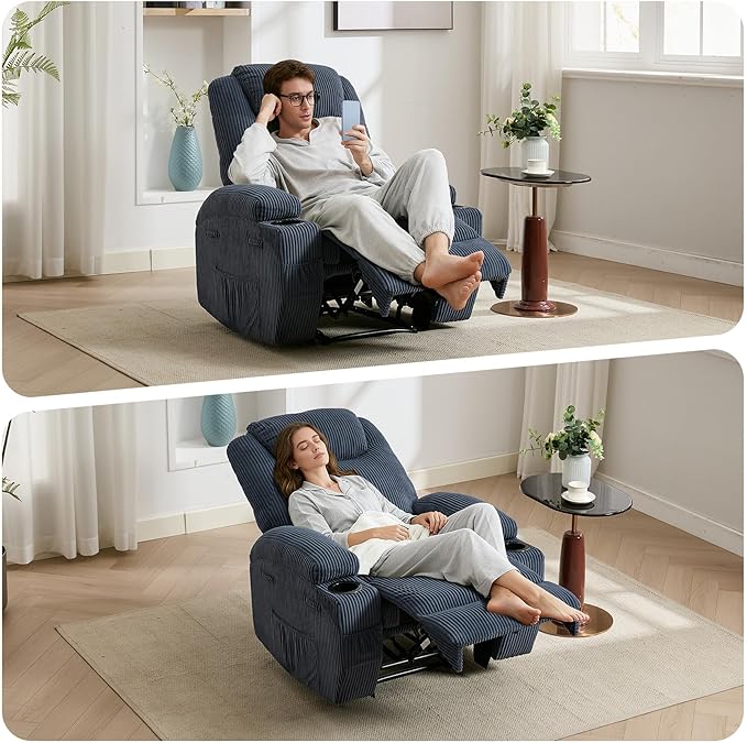 Massage Recliner Chair with Heat - Ultra-Comfortable Reclining (135° Adjustable), Dual Cup Holders & Side Storage Pockets, Easy Tool Assembly, Dark Green
